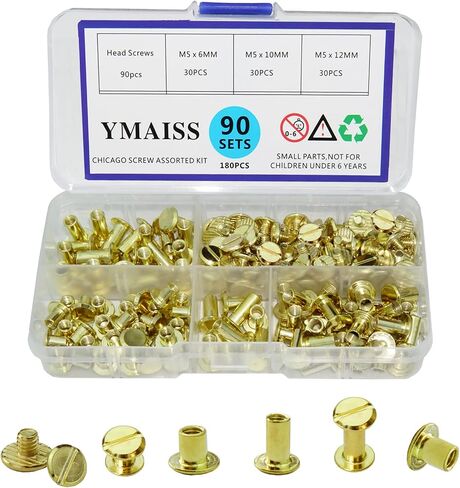 YMAISS 90 مجموعة من براغي شيكاغو 3 مقاس 1/4، 3/8، 1/2 بوصة أعمدة تجليد الكتب، براغي تثبيت زر شيكاغو، مسامير حزام لولبية، ألبومات صور جلدية، رأس مسطح مستدير، لون فضي in Kuwait