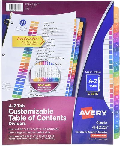 فواصل علامات التبويب Avery A-Z لـ 3 مجلدات حلقية، جدول محتويات قابل للتخصيص، علامات تبويب متعددة الألوان، مجموعة واحدة (11125) in Kuwait