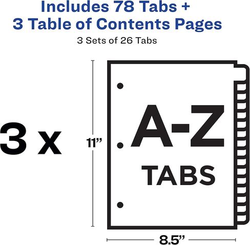 فواصل علامات التبويب Avery A-Z لـ 3 مجلدات حلقية، جدول محتويات قابل للتخصيص، علامات تبويب متعددة الألوان، مجموعة واحدة (11125) in Kuwait