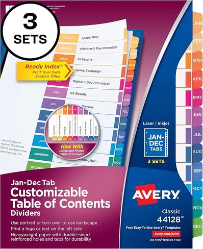 Avery Jan-Dec 12 فواصل علامات التبويب لـ 3 مجلدات حلقية، جدول محتويات قابل للتخصيص، علامات تبويب متعددة الألوان، 3 مجموعات (44128) in Kuwait