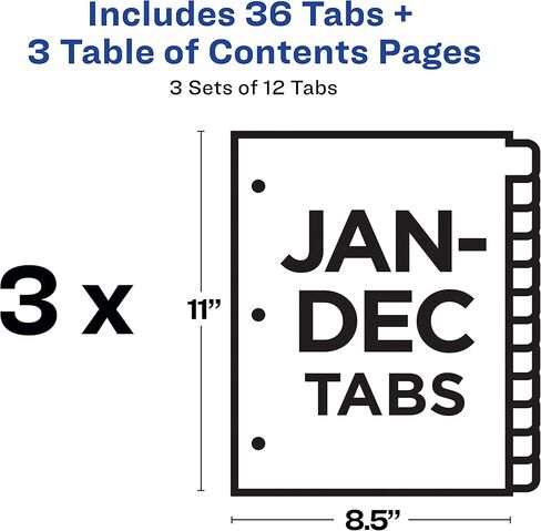 Avery Jan-Dec 12 فواصل علامات التبويب لـ 3 مجلدات حلقية، جدول محتويات قابل للتخصيص، علامات تبويب متعددة الألوان، 3 مجموعات (44128) in Kuwait