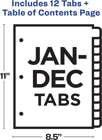 Avery Jan-Dec 12 فواصل علامات التبويب لـ 3 مجلدات حلقية، جدول محتويات قابل للتخصيص، علامات تبويب متعددة الألوان، 3 مجموعات (44128) in Kuwait