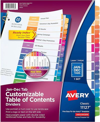 Avery Jan-Dec 12 فواصل علامات التبويب لـ 3 مجلدات حلقية، جدول محتويات قابل للتخصيص، علامات تبويب متعددة الألوان، 3 مجموعات (44128) in Kuwait