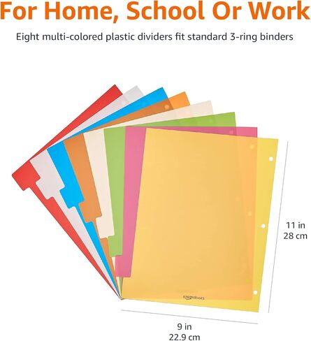 Amazon Basics 3-Ring Binder Plastic Divider Set, 3-Hole Punched Letter-Size 8-Tab Dividers - 6-Pack, Multicolor in Kuwait