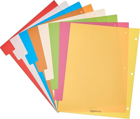 Amazon Basics 3-Ring Binder Plastic Divider Set, 3-Hole Punched Letter-Size 8-Tab Dividers - 6-Pack, Multicolor in Kuwait