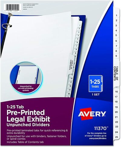 Premium Collated Legal Exhibit Divider Set, Avery Style, 1-25 and Table of Contents, Side Tab, 8.5 x 11 Inches, 20 Set (11370) in Kuwait