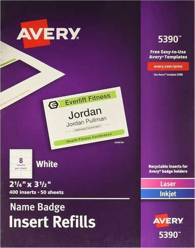 Avery Name Badge Inserts, Print or Write, 2-1/4 Inch x 3-1/2 Inch, 400 Card Stock Refills (5390), White in Kuwait