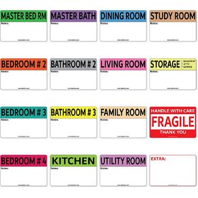 Labelinn Moving Labels for Boxes 640 Pcs - 2 x 3 inches Non-Removable Moving Stickers for Boxes Color Coded 64 Sheets with 10 Labels Each – 16 Designs Including Fragile & Customizable Blanks