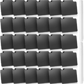 32 Pieces Basket Labels Clip Set, Include 30 Kitchen Clip Label Holder Removable PVC Bin with 2 Chalk Marker for Basket Pantry Organization Box (White Label Clip, Black Pen)