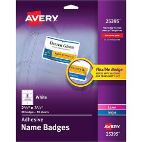 ملصقات بطاقات الاسم المرنة من Avery، ملصقات مستطيلة بيضاء، 400 شارة اسم قابلة للإزالة، 2-1/3 بوصة × 3-3/8 بوصة (5395) in Kuwait