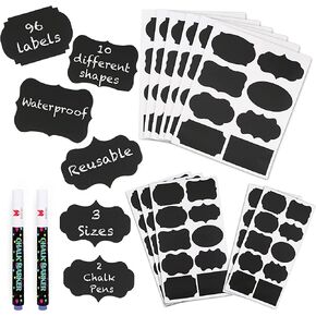 Mantah Chalkboard Label Stickers 96pcs - 9 Assorted Shapes in 3 Sizes with 2 White Chalk Marker, Reusable Waterproof Label for Storage Bin, Food Container, Jars, Containers in Kuwait