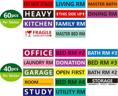 640 Pcs Removable Home Moving Labels 15 Pre-Printed Color-Coded Plus 1 Customizable Blank (Each Measures 4" x 1") in Kuwait