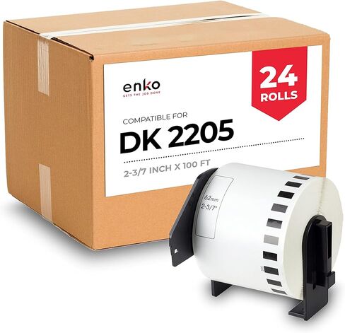 enKo - ملصقات ورقية مستمرة DK-2205 متوافقة (2.4 بوصة × 100 قدم) متوافقة مع طابعات ملصقات Brother QL - 12 لفة + 4 إطارات خرطوشة قابلة لإعادة الملء in Kuwait