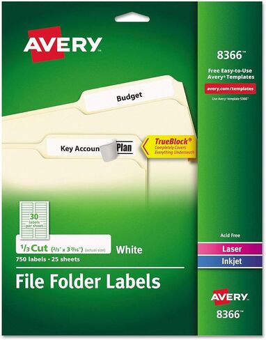 Avery 8366 Permanent Filing Labels, 1/3 Cut, 750/Pk, White in Saudi Arabia