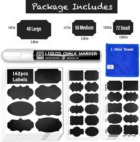 ملصقات سبورة للجرار 162 قطعة - ملصقات طباشير مقاومة للماء وقابلة لإعادة الاستخدام لحاويات برطمانات التخزين - 12 شكلاً فريدًا و3 أحجام تتضمن قلم طباشير سائل قابل للمسح ومنشفة صغيرة (عبوة من 162 قطعة) in Kuwait