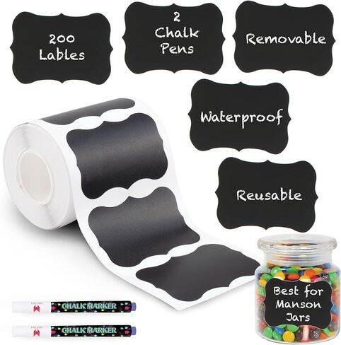 Mantah Chalkboard Label Stickers 96pcs - 9 Assorted Shapes in 3 Sizes with 2 White Chalk Marker, Reusable Waterproof Label for Storage Bin, Food Container, Jars, Containers in Kuwait