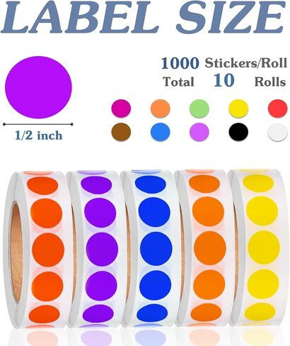 1/2 Inch Solid Round Color Coding Labels Roll, Self-Adhesive Circle Dot Sticker 10 Assorted Colors for Inventory and Home Organize, File Classification, 10 Colors (10000) in Kuwait
