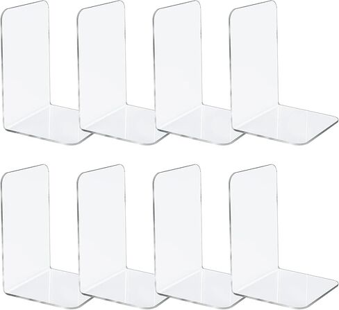 Jekkis 8pcs Clear Bookends Acrylic Book Ends for Shelves Heavy Duty Bookends Plastic Bookends for Home Office Library, Book Stopper, Desktop Organizer, 7.3" x 4.8" x 4.8" in Kuwait