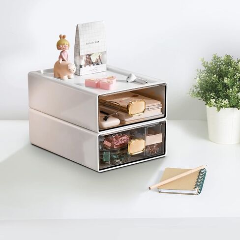 2 PACK Stackable Desk Organizer with Drawer Desktop Storage Drawer Box Plastic Desk Stationery Organizer for Office Supplies, Pens, Mails, Makeup, Letters (Blue, M - 1 Drawer, Pack of 2) in Saudi Arabia