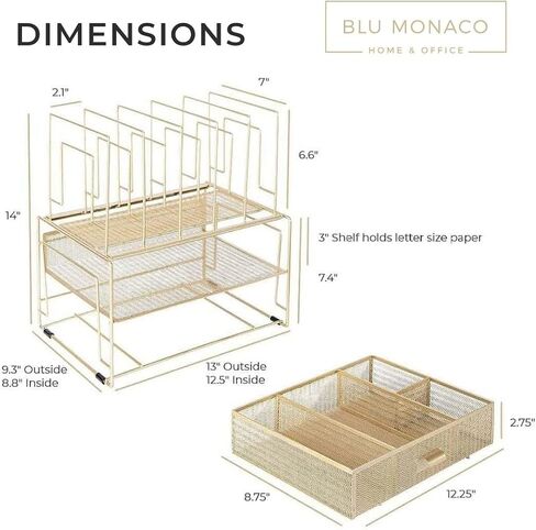 BLU MONACO Gold Desk Organizer – Cute File Holder for Desk & Drawer Storage for Office Supplies, Paper, Devices & Folders in Saudi Arabia