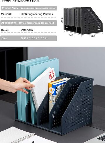 Leven Collapsible Magazine File Holder/Desk Organizer for Office Organization and Storage with 3 Vertical Compartments, Dark Grey, in Kuwait