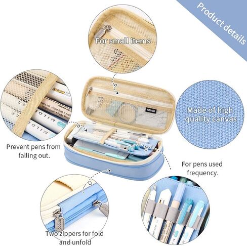 EASTHILL Big Capacity Pencil Pen Case Office College School Large Storage High Capacity Bag Pouch Holder Box Organizer Light Blue in Saudi Arabia