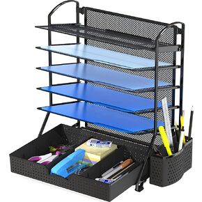 Simple Houseware 6 Tier Desk Document File Tray Organizer with Supplies Sliding Drawer, Black