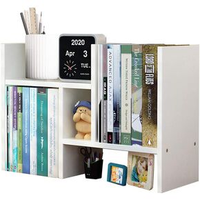 Meikuler Desktop Shelf Organizer, Adjustable Wood Display Desk Shelf, Office Storage Rack Tabletop Bookshelf Multipurpose Shelves for Home Decor, Office, Gifts (White)