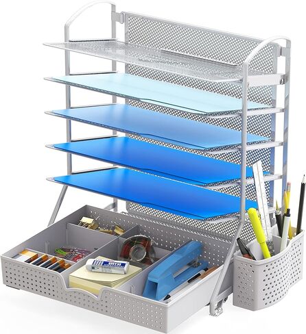 SimpleHouseware 6 صواني منظم ملفات المستندات المكتبية مع درج منزلق للمستلزمات، أسود in Kuwait