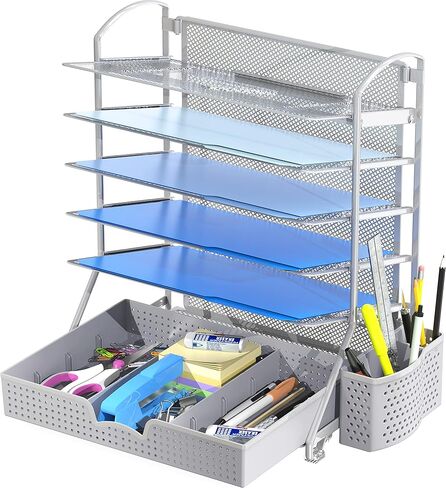 SimpleHouseware 6 صواني منظم ملفات المستندات المكتبية مع درج منزلق للمستلزمات، أسود in Kuwait