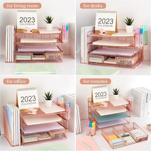 gianotter Paper Letter Tray Organizer with File Holder, 4-Tier Desk Accessories & Workspace Organizers with Drawer and 2 Pen Holder, Desk Organizers and Accessories for Office Supplies (Rose Gold) in Saudi Arabia