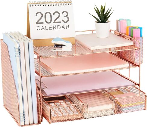 gianotter Paper Letter Tray Organizer with File Holder, 4-Tier Desk Accessories & Workspace Organizers with Drawer and 2 Pen Holder, Desk Organizers and Accessories for Office Supplies (Rose Gold) in Saudi Arabia