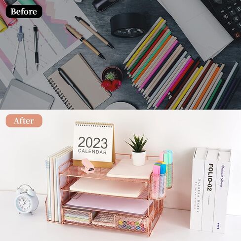 gianotter Paper Letter Tray Organizer with File Holder, 4-Tier Desk Accessories & Workspace Organizers with Drawer and 2 Pen Holder, Desk Organizers and Accessories for Office Supplies (Rose Gold) in Saudi Arabia