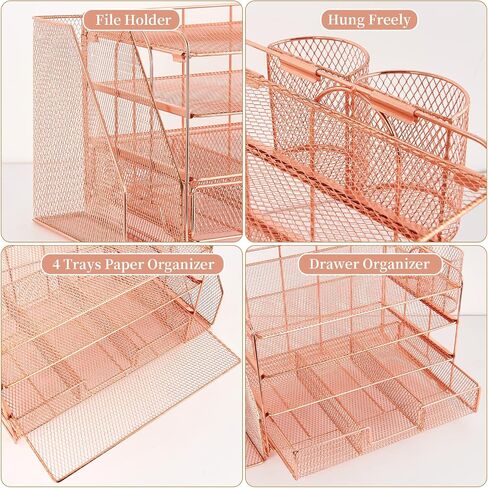 gianotter Paper Letter Tray Organizer with File Holder, 4-Tier Desk Accessories & Workspace Organizers with Drawer and 2 Pen Holder, Desk Organizers and Accessories for Office Supplies (Rose Gold) in Saudi Arabia
