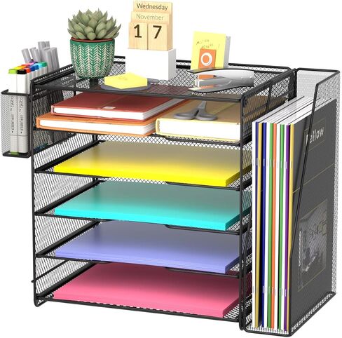 Samstar Mesh Desk Organizer, Paper Letter Tray with 5 Tier Racks Shelves,1 Extra Vertical File Sorter and Pen Holders for Office Supplies,Black in Saudi Arabia