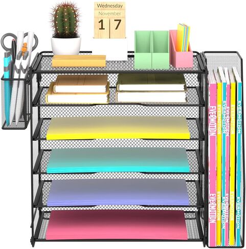 Samstar Mesh Desk Organizer, Paper Letter Tray with 5 Tier Racks Shelves,1 Extra Vertical File Sorter and Pen Holders for Office Supplies,Black in Saudi Arabia