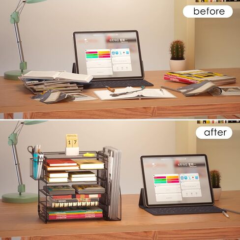 Samstar Mesh Desk Organizer, Paper Letter Tray with 5 Tier Racks Shelves,1 Extra Vertical File Sorter and Pen Holders for Office Supplies,Black in Saudi Arabia