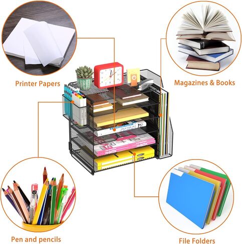 Samstar Mesh Desk Organizer, Paper Letter Tray with 5 Tier Racks Shelves,1 Extra Vertical File Sorter and Pen Holders for Office Supplies,Black in Saudi Arabia