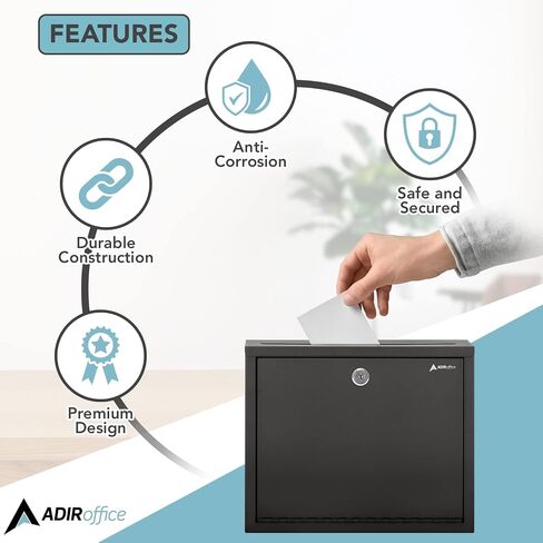 صندوق بريد متعدد الأغراض من AdirOffice مع قفل - صندوق إسقاط عالي التحمل - صندوق اقتراحات تجاري - صندوق اقتراع آمن وقابل للتركيب على الحائط - 3 × 10 × 12 بوصة - أسود in Saudi Arabia