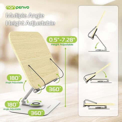 Book Stand for Reading, Nanpenyo 360° Rotate Adjustable Desktop Book Holder, Cookbook Stands Page Paper Clips Ergonomic Multi Heights Angles Foldable Wooden for Books Laptop Textbook Recipe Document in Saudi Arabia