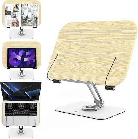 Book Stand for Reading, Nanpenyo 360° Rotate Adjustable Desktop Book Holder, Cookbook Stands Page Paper Clips Ergonomic Multi Heights Angles Foldable Wooden for Books Laptop Textbook Recipe Document in Saudi Arabia