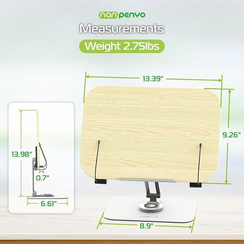 Book Stand for Reading, Nanpenyo 360° Rotate Adjustable Desktop Book Holder, Cookbook Stands Page Paper Clips Ergonomic Multi Heights Angles Foldable Wooden for Books Laptop Textbook Recipe Document in Saudi Arabia
