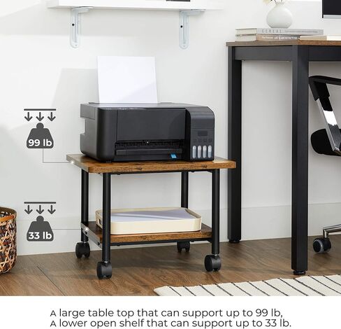 حامل طابعة VASAGLE صناعي تحت المكتب، عربة آلة متنقلة بطبقتين مع رف، رف تخزين عالي التحمل للمكتب والمنزل، بني ريفي وأسود UOPS002B01 in Kuwait