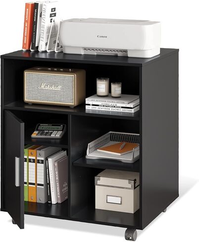 حامل طابعة محمول من DEVAISE مع رف قابل للتعديل، وخزانة تخزين خشبية دوارة على عجلات، أسود in Kuwait