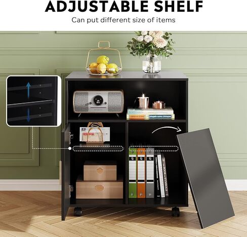 حامل طابعة محمول من DEVAISE مع رف قابل للتعديل، وخزانة تخزين خشبية دوارة على عجلات، أسود in Kuwait