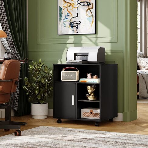 حامل طابعة محمول من DEVAISE مع رف قابل للتعديل، وخزانة تخزين خشبية دوارة على عجلات، أسود in Kuwait