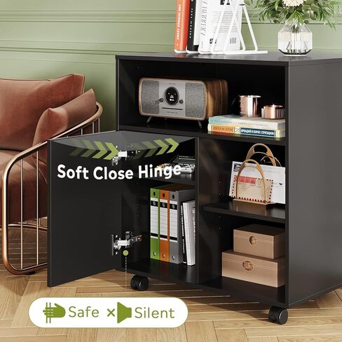 حامل طابعة محمول من DEVAISE مع رف قابل للتعديل، وخزانة تخزين خشبية دوارة على عجلات، أسود in Kuwait