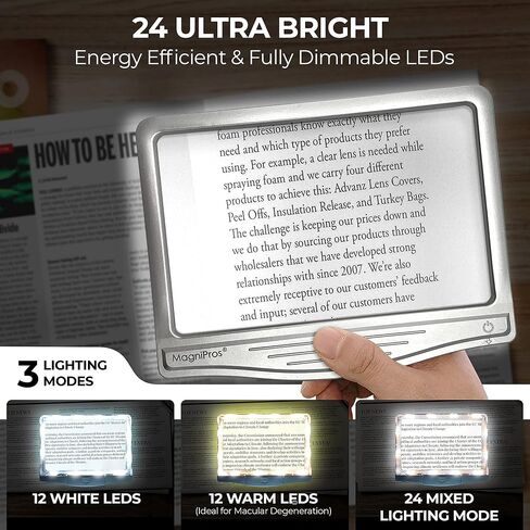 مكبر صفحات LED فائق السطوع 4X من MagniPros مزود بعدسات مضادة للوهج ومصابيح LED قابلة للتعتيم بالكامل (منطقة عرض مضاءة بالتساوي وتخفيف إجهاد العين) - مثالي لقراءة المطبوعات الصغيرة وضعف الرؤية لكبار السن in Kuwait