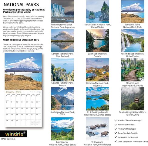 تقويم حائط 2023، 14 تقويم جداري شهري NATIONAL PARKS نوفمبر 2022 - ديسمبر 2023، 12 بوصة × 24 بوصة مفتوح، صفحة كاملة لأشهر سميكة وقوية للهدايا، تنظيم وتخطيط مثالي للتقويم in Kuwait