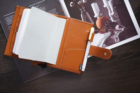 غطاء جلدي من Moterm لأجهزة الكمبيوتر المحمولة مقاس A6 - يناسب مخططات Hobonichi وStalology وMidori MD، مع حلقة قلم وفتحات للبطاقات وجيب خلفي (برتقالي محروق بالحصى، A6+) in Kuwait